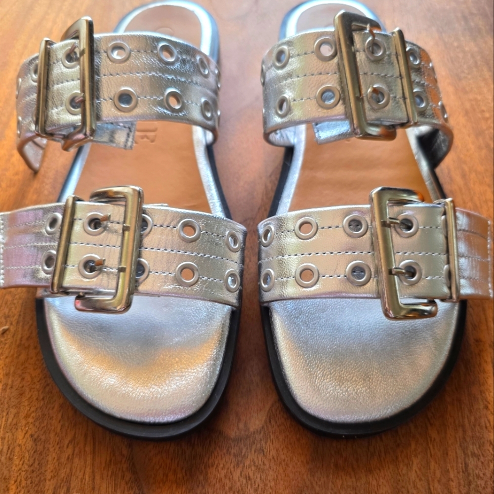 Giasone Silver Buckle Strap Sandals, Sz 8